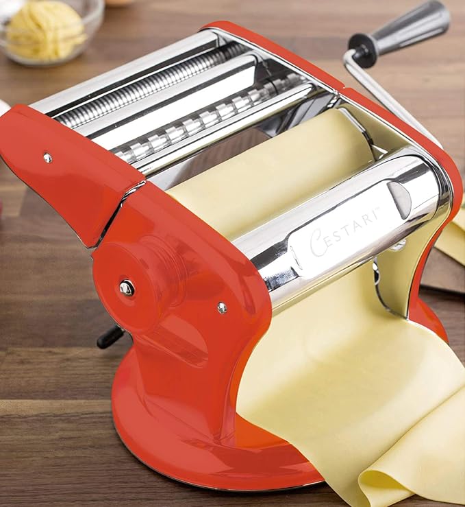 Cestari Ultimate Pasta Machine - Unique Patented Suction Base for No-Slip Use of Stainless Steel Pasta Roller Machine - 150 mm - Includes Pasta Cutter, Hand Crank, and Recipes