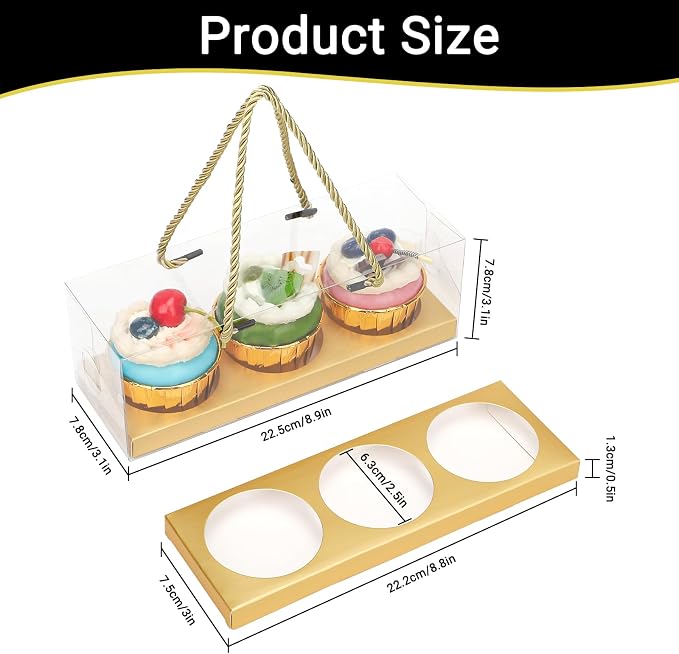 EUSOAR Cupcake Boxes, 20 Pcs 9"x3"x3" Gold Plastic Cupcake Containers 3 Compartments with Rope Handle, Rectangular Portable Muffins Wrappers Pastry Cookies Holders for Birthday Wedding Party Bakery