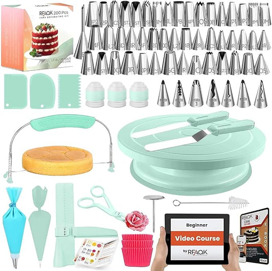 RFAQK 200PCs Cake Decorating Kit with Cake Turntable & Leveler, Baking Supplies Gift Includes 110+1 Piping Bags,55 Icing Tips,2 Frosting Spatulas, Adjustable Scraper, Video Tutorial, Booklet & more