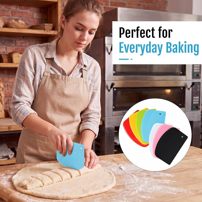 7-Pack Bench Scraper for Bread, Plastic Flexible Kitchen Dough Scraper Plastic BenchScraper for Bread Dough Cake Fondant Icing (White, Black, Yellow, Sky Blue, Green, Pink, Red)