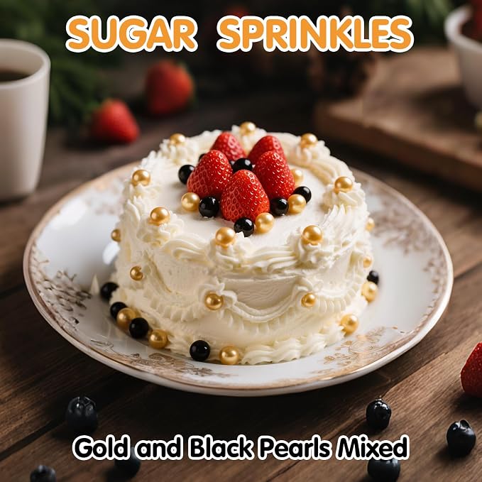 Edible Pearl Sprinkles for Cake Decorating,130g Black and Gold Candy Sprinkle Mixing Size,Baking Pearls Cake Cupcake Toppers,Cookie Donuts Ice Cream Decorations,Wedding Birthday Party Supplies