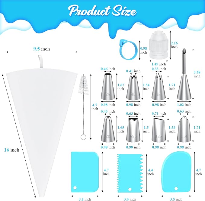 Piping Bags and Tips Set, 16 Inch Cotton Reusable 2 Piping Bags, 7 Piping Tips, 2 Couplers, 1 Puff Tip, 1 Brushes, 3 Scrapers. Icing Bags and Tips Set for Cakes/Cupcakes Decorating.