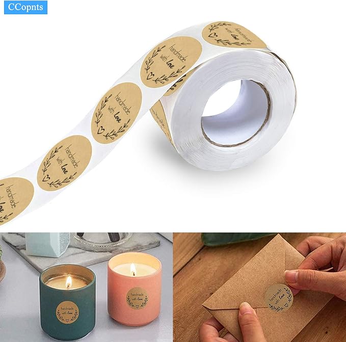 1.5 Inch Handmade with Love Stickers,500 Pcs Baking Kraft Paper Stickers Heart Shape Lables for Baking Packaging,Envelope Seals, Small Business, Stickers Tags for Wedding,Birthday,Party Gift Wrap Bag