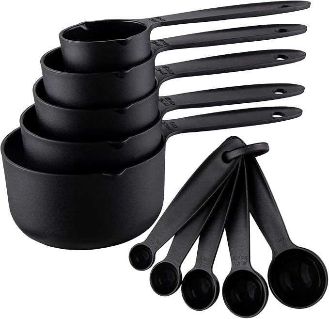 Measuring Cups and Spoons Set, 10 Piece Cute Plastic Measuring Cup Spoon Set, 5 Measure Cup and 5 Spoon For Dry & Liquid, Black Food Measure Cups Spoons for Baking & Kitchen