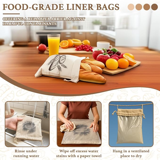 Reusable Storage Bread Bags-for Sourdough & Homemade Bread, Linen Cloth Bags w/TPU Keeps Fresh Longer