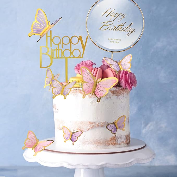 22-Pieces Butterfly Cake Decorations With Happy Birthday Acrylic Cake Toppers for Baby Shower Wedding Birthday Party Decor (Purple & Pink)