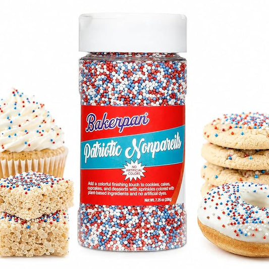 Bakerpan Artificial Dye-Free Patriotic Nonpareils Sprinkles 7.25 oz - Red White & Blue for 4th of July Cake Decorating, Cupcakes & Cookies | Kosher, Gluten-Free