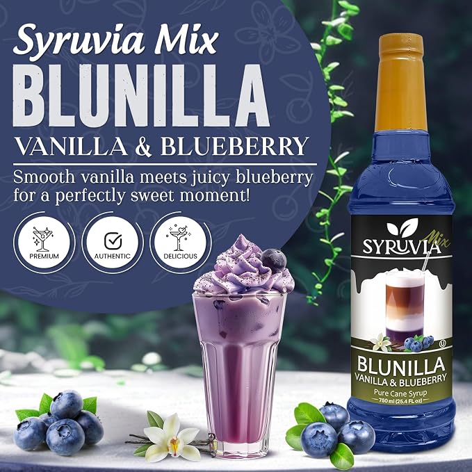 Syruvia Coffee Syrup, BLUNILLA Syrup, Vanilla Blueberry Flavored Syrup for Drinks, Lattes, and Desserts – 25.4 fl oz - with Pump