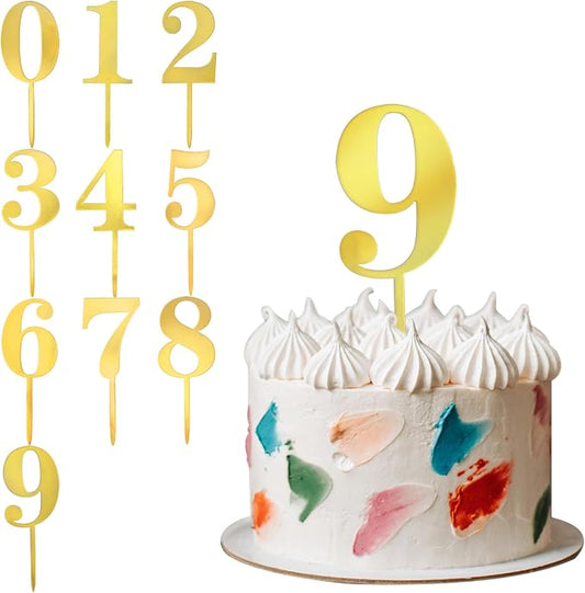 Big 6 IN 0-9 Gold Birthday Number Cake Toppers Large Golden Acrylic Happy Anniversary Cake Topper Sticks For Diy Handmade Cake Sign Decorations 10 Pcs Cupcake Topper Party Supplies Set
