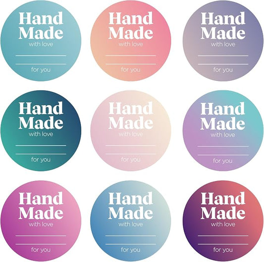 Mobiusea Creation Handmade with Love Labels Roll | Colorful Gradient Design | 2 inch Round Cut | 500 Labels for Homemade Goods, Handmade Stickers, Soap Candle Canning Supplies