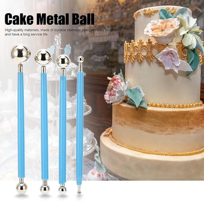 4Pcs Cake Metal Ball Dotting Sculpting Modeling Tool Set premium Stainless Steel 304 Baking Decorating Kit for Fondant Cake Clay Art DIY Projects Blue
