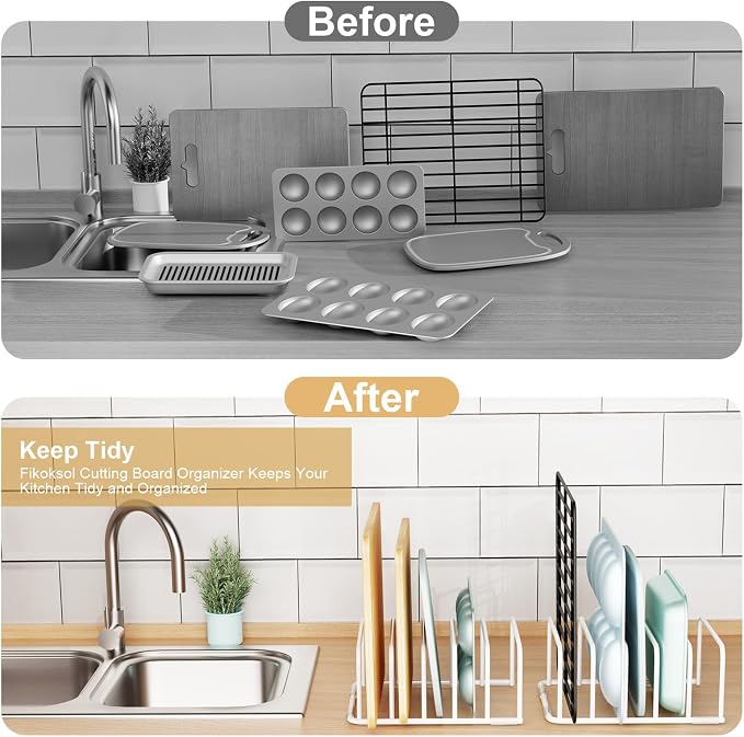 Fikoksol Cutting Board Organizer and Baking Sheet Rack, [2-Pack] White Heavy Duty Metal Cookie Sheet Organizer for Cutting Board Storage & Plate Holder for Cabinet, Tray Dividers for Cabinets