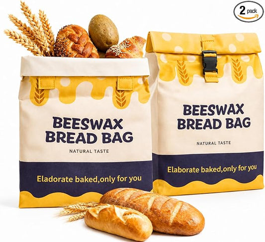 UWILLION Beeswax Bread Bags 2 Pack for Sourdough Loaves, Extra Large Reusable Linen Bread Storage Bag with Buckle Closure, Plastic-Free Food-Safe Bread Keeper for Homemade Artisan Bread