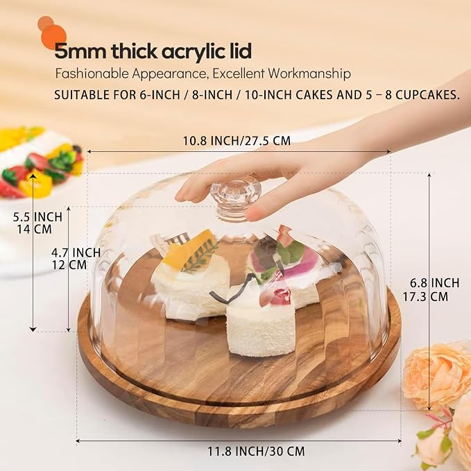 cutesun Cake Stand with Lid, 10.8'' Shatterproof Acrylic Dome (Not Glass), 11.8'' Rotating Acacia Wood Cake Display Stand for Wedding Birthday Party Dessert