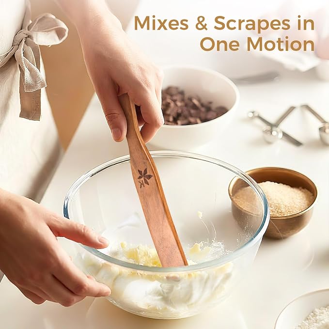 Spurtle for Sourdough Starter, Danish Dough Whisk and Jar Spatula, Solid Teak Wood for Mixing, Scraping Jars and Bread Making Tools, Wooden Kitchen Utensils for Non-Stick Cookware (2) (1 Pcs spurtle)