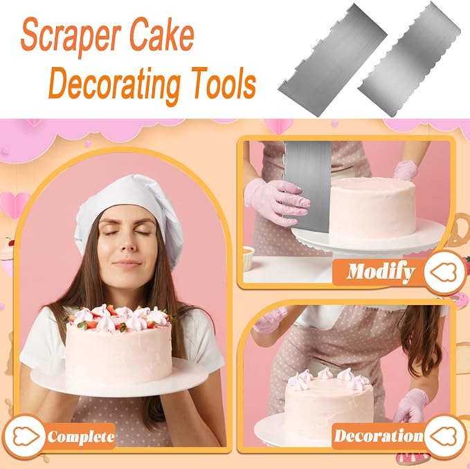 2 Pieces Stainless Steel Cake Scraper, 9 Inch Large Cake Smoother Scraper Contour Double Sided Patterned Edge Stripe Tool Pastry Cutter in 6 Patterns for Different Shapes of Comb Cake Edges Decoration