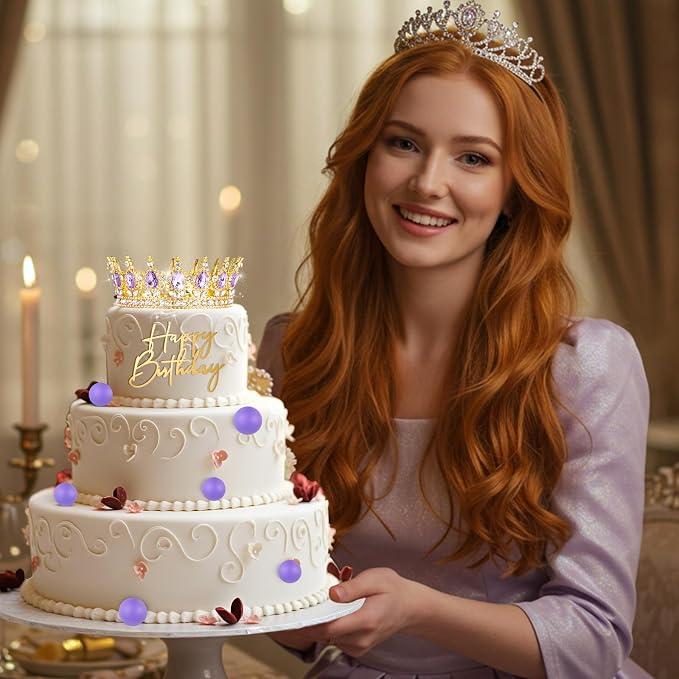 8 Pcs Purple and Gold Queen Crown Cake Topper, Happy Birthday Cake Toppers Foam Balls Rhinestone Crystal Tiara Wedding Decoration for Princess Party Photo Props for Women Princess