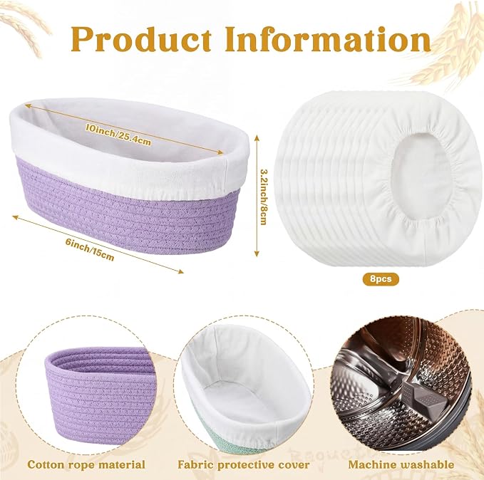 4 Pcs 10 Inch Bread Proofing Basket Set Cotton Rope Oval Banneton Basket Sourdough Bread with Liners Covers for Baking Supplies (Rich Color)