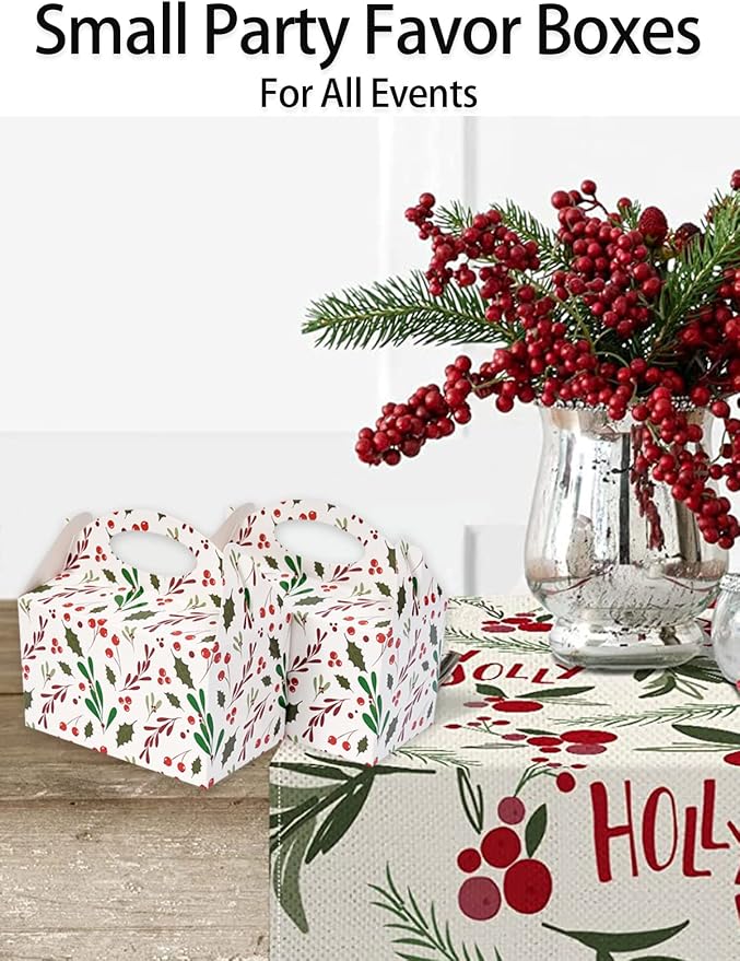 Happyhiram Winter Floral Gable Candy Paper Boxes, 25 Pcs Christmas Red Holly Berry Party Treat Boxes with Handle Small Gift Holiday Boxes Kids Party Favor Cookie Bags