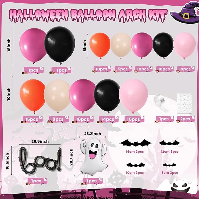 Halloween Balloon Arch Garland, Pink Halloween Party Decorations with Cute BOO Ghost Foil Balloons, Retro Pink Orange Apricot Latex Balloon Bat Sticker for Kids Aldult Birthday Background