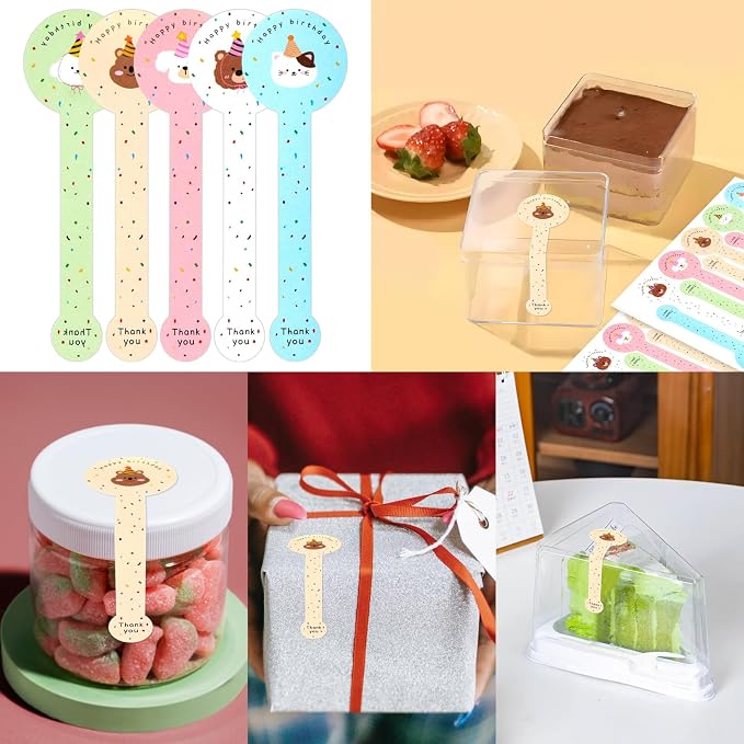 300pcs Happy Birthday Handmade Lollipop Baking Stickers for Cake Box/Tin/Jar/Coffee Cup/Bottle, Long Label Animal Sealing Bakery Stickers for Gift Wrapping Self-Adhesive Tamper Evident Seal Labels