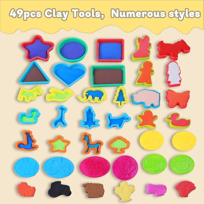 LCY WEDSHI Dough Tool Set, 49 Pcs Dough Tools Sets for Kids Ages 4-8, Dough Accessories Includes Animal Molds, Cutters Roller, Rolling Pins, Safety Scissors, Plastic Knife