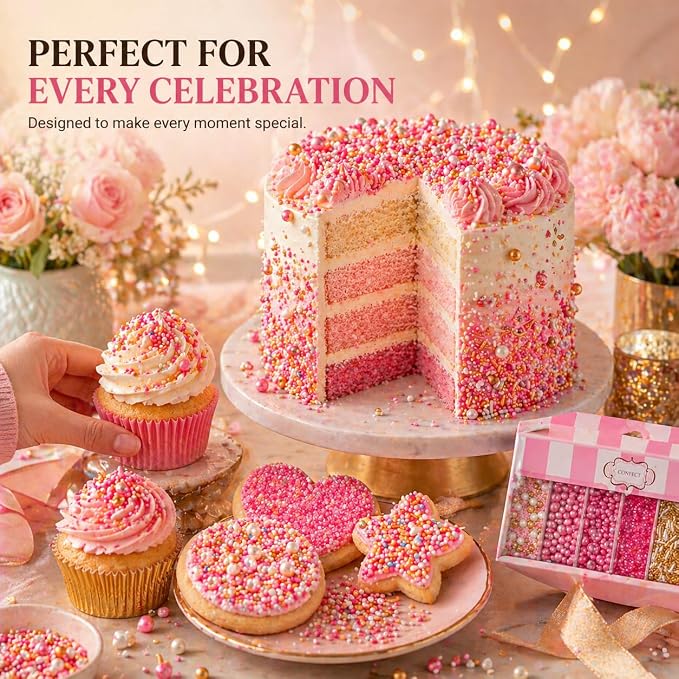 Confect Pretty in Pink Sprinkles Mix – Blush Pink, Silver & White Pearl Dragees, Sky Blue & Pink Jimmies, Sparkling Sugar – Cake Decorating Sprinkles for Cupcakes, Cookies & Party Treats | Vegan, Gluten-Free, Nut-Free, Soy-Free, Dairy-Free, Palm Oil-Fr...