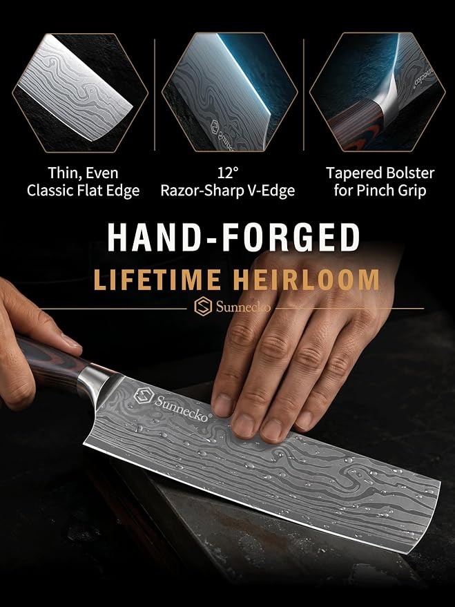 Sunnecko Japanese Nakiri Knife 7 Inch - 12° Edge Carbon Steel Chef Knife for Meat Vegetable Cutting Japanese Style, Full Tang Forged Blade Knife with Sheath, Kitchen Gift for Father Home Cooks & Pros