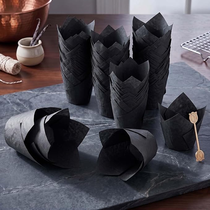 200 Pcs Black Tulip Cupcake Liners for Baking, Standard Size | Standard Greaseproof Tulip Muffin Liners for Baking, 3oz Black Paper Cupcake Wrappers for Party Wedding Birthday