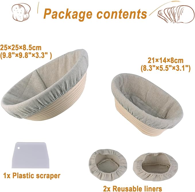 Sourdough Bread Baking Supplies, 2 Pack Banneton Bread Proofing Basket with Liners- 10" Round & 8" Oval, Brotform Proofing Baskets Ideal for Sourdough and Artisan Bread Making