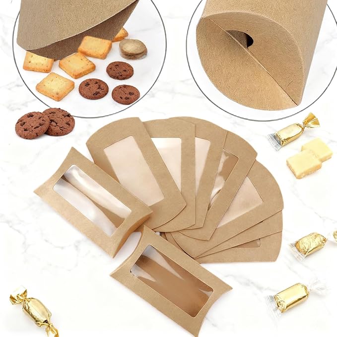 ZAJINJABD 100 Pcs Kraft Pillow Gift Boxes with Clear Windows, Sturdy Mini Folding Treat Boxes for Candy, Bakery, Chocolate, Jewelry, Wedding Party Favors