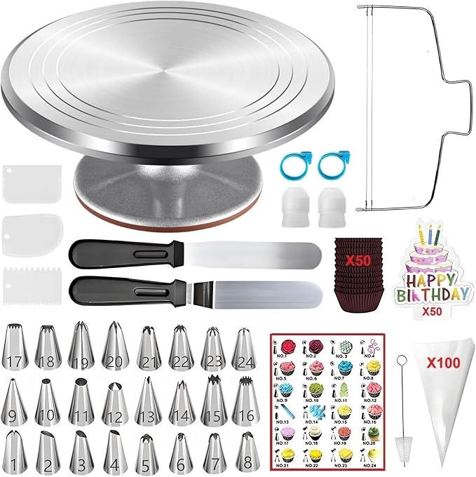 ANSLYQA Cake Decorating Kit, 237 Pcs Baking Tools | Aluminium Cake Turntable, Leveler, 24 Numbered Icing Tips, 2 Spatulas, 3 Scrapers, 50 Cupcake Liners, 100 Pastry Bags & More
