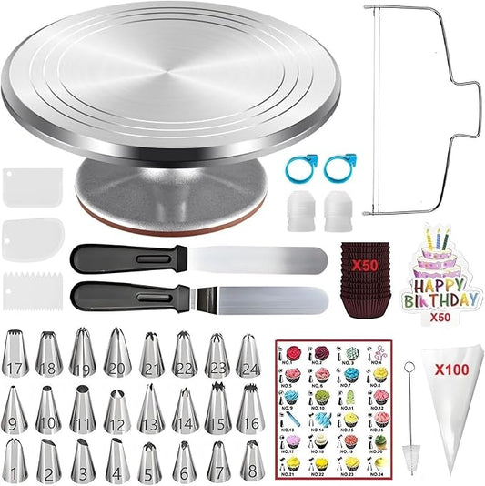ANSLYQA Cake Decorating Kit, 237 Pcs Baking Tools | Aluminium Cake Turntable, Leveler, 24 Numbered Icing Tips, 2 Spatulas, 3 Scrapers, 50 Cupcake Liners, 100 Pastry Bags & More