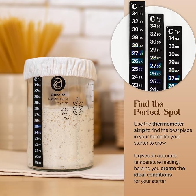 ABIOTO Sourdough Starter Jar Kit, Includes 34 oz Sourdough Starter Jar with Metallic Lid, Silicone Spatula, Feeding Tracker, Extra Thermometer Strips & Breathable Covers – Sourdough Bread Starter Kit