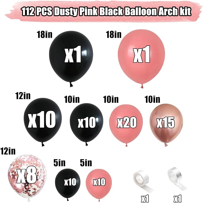 Dusty Pink and Black Balloon Arch Kit, 112 PCS Pink Rose Gold and Black Balloons Garland with Rrose Gold Confetti Metallic Rose Gold Balloons, Retro Pink Balloons for Bachelorette Princess Party Deco