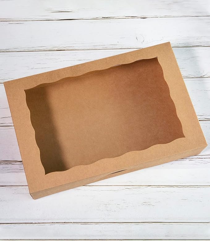 Brown Pastry Bakery Box 14x10x3inch,Large Donuts,Muffins,Cookies Boxes with PVC Window - Auto-Pop up Paper Box Nature Cardboard Take Out Container,Pack of 15