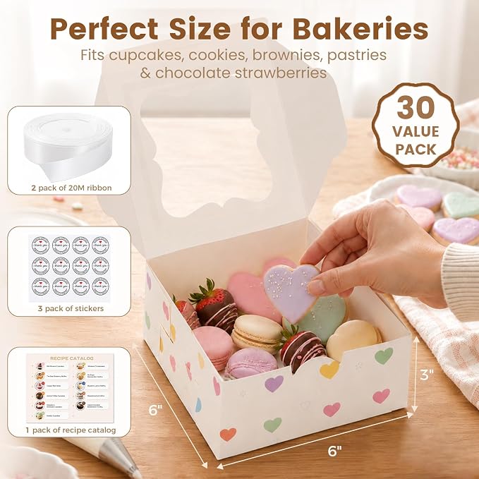 OAMCEG 30 Pack Cookie Boxes with Window, 6x6x3 Inch White Bakery Boxes for Desserts, Donuts,Cookies, Heart-shape Take-out Treat Boxes for Party & Wedding, Gifts