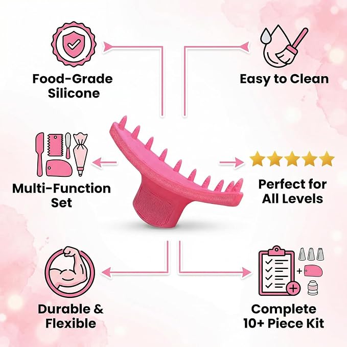 Cake Arch Guide Tool & Piping Guide Stencil, 16 Pcs Cake Decorating Tools with Frosting Scrapers and Piping Bag Set, Cake Ruffle Marker for 6"-10" Cakes (Pink)