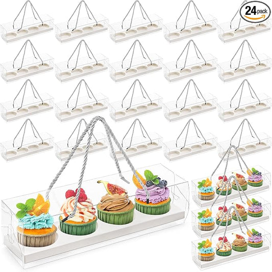 Coloch 24 Pack Clear Cupcake Box with Handle, 12 x 3 x 3 In 4 Count Plastic Cupcake Container with 4 Count Baked Dessert Box, for Cupcake, Dessert, Muffins, Party, Mother's Day, Wedding