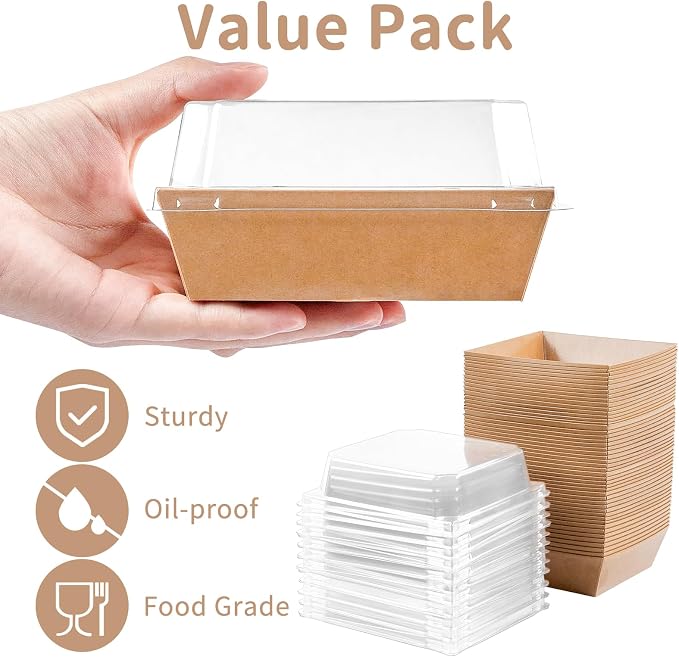 Kucoele Charcuterie Boxes with Clear Lids, 4 Inches100 Pack, Brown | Disposable, Paper, Oil-Proof, Food Containers, For Sandwich, Cupcake, Dessert, Cookie, Chocolate Covered Strawberry