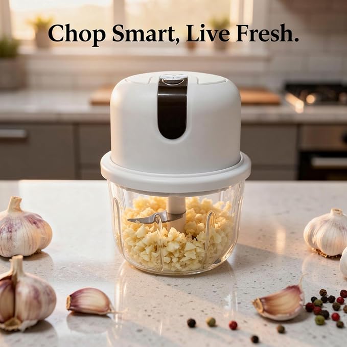 Mini Electric Garlic Chopper, 350ML Glass Bowl Food Processor, USB Rechargeable/Battery Operated Mincer with 3 Stainless Steel Blades for Garlic, Ginger, Chili, Nuts, White