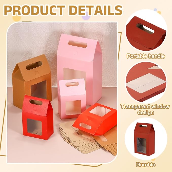 uxcell 8Pcs Gift Boxes, Favor Box with Clear Window and Handle, Stand Up Favor Treat Boxes for Candy, Cookies, Party Store, Packaging, Wedding, Dark Red