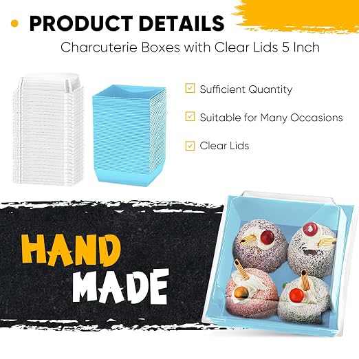 100 Pack Charcuterie Boxes with Clear Lids Valentine Gift 5 Inch Cookie Boxes Disposable Cake Case Paper Square Cookie Containers Dessert for Sandwich Slice Cake Hot Cocoa Bombs Strawberries(Blue)