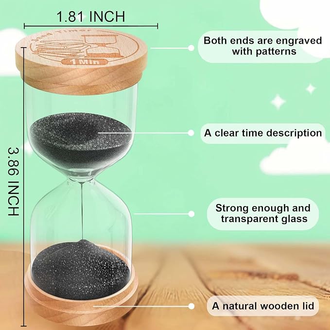 Wooden Hourglass Sand Clock, Small Wood Black 3 Min Hour Glass, Three Minutes Sandglass for Brushing Teeth, Reloj De Arena,Office Classroom, Game, Kitchen, Home