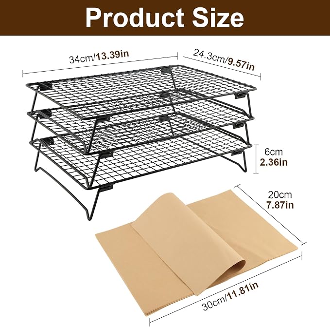3 Pcs Stackable Cooling Racks with Collapsible Legs, Tiered Cooling Racks with 50 Sheets Baking Paper, 11.81 x 7.87 Inches, Collapsible Ventilation Holder for Cookies, Cakes, Roasting, Drying