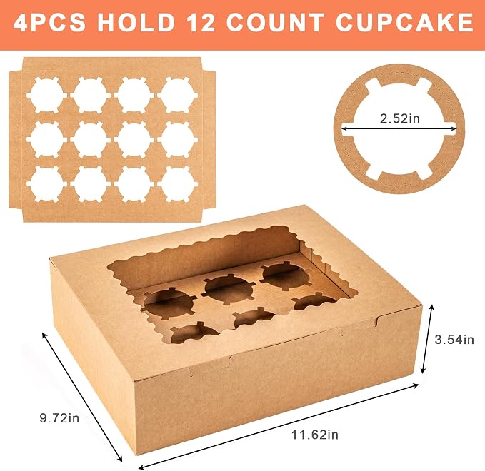 12 Count Cupcake Boxes, 4PCS Cupcake Container with Window, Food Grade Cupcake Holder for Birthday Holiday Party, Bakery Supplies for Cupcakes, Desserts, and More (Brown)