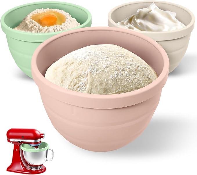Forenee 5Qt Silicone Bowl Liners for KitchenAid Tilt-Head Stand Mixer | 3-Pack Collapsible kitchen aide bowl liners with Lids, Non-Stick, Space-Saving Baking Prep Inserts
