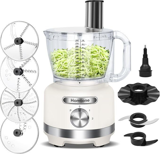 Homtone 16 Cup Food Processor Large, 9-in-1 Vegetable Chopper with 7 Blades for Shredding, Slicing, French Fry Cutting, Meat Grinding, Dough Kneading, 3 Speeds, Dishwasher Safe
