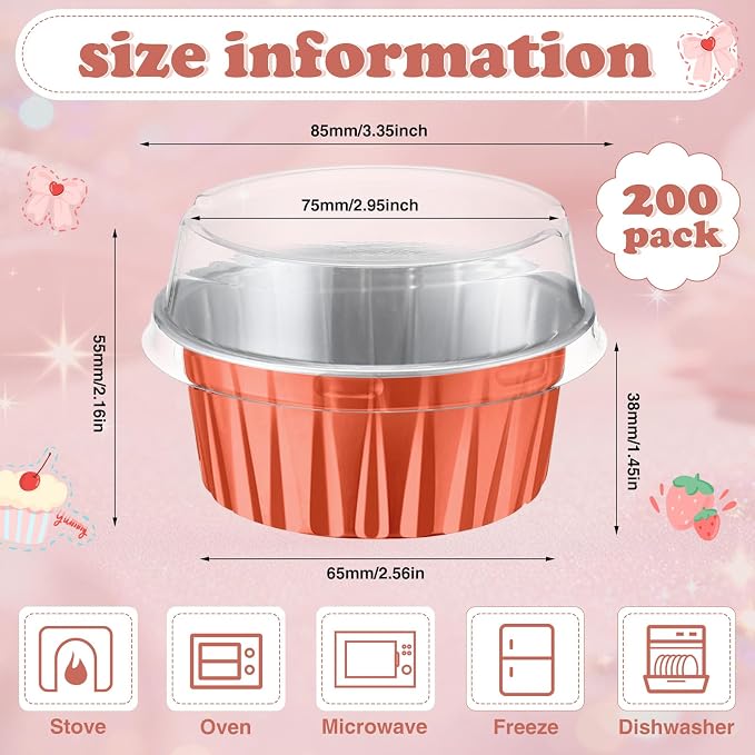 200 Pack Aluminum Foil Cupcake Liners with Lids, 5 oz Round Baking Cup, Disposable Ramekin Container for Graduation Wedding Independence Day Party(Rose Silver,Plain)