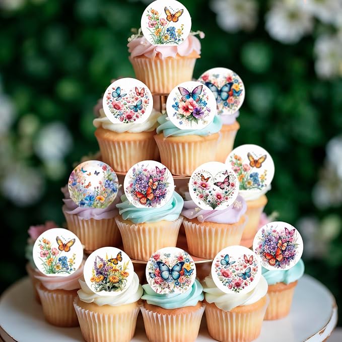 Edible 36PCS Flower Cupcake Toppers Wafer Paper Butterfly Floral Baby Shower Cake Decorations Edible Spring Flower Cupcake Toppers for Floral Theme Birthday Party Decoration